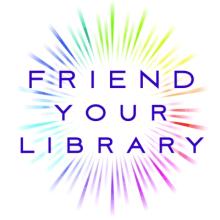 Friend Your Library with rainbow spray circle behind