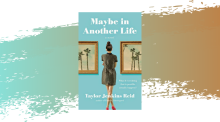 The book "Maybe In Another Life" by Taylor Jenkins Reid with a mint green, brown and white background.