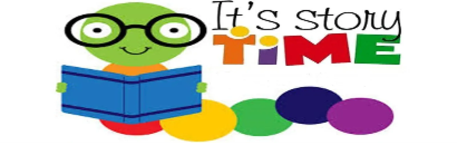 It's story Time with colorful bookworm wearing black glasses and holding a blue book