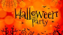 Orange background with Halloween Party and spiderwebs