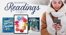 Season's Readings with Libby app, snow background and girl standing holding a smartphone