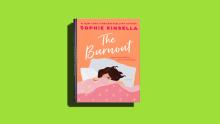 The book, "The Burnout" by Sophie Kinsella with lime green background.