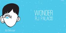 The book "Wonder" by R.J. Palacio with a teal background