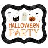 Halloween Party saying with a black cat, ghost, jack'o'lantern and bats surrounded by a black border